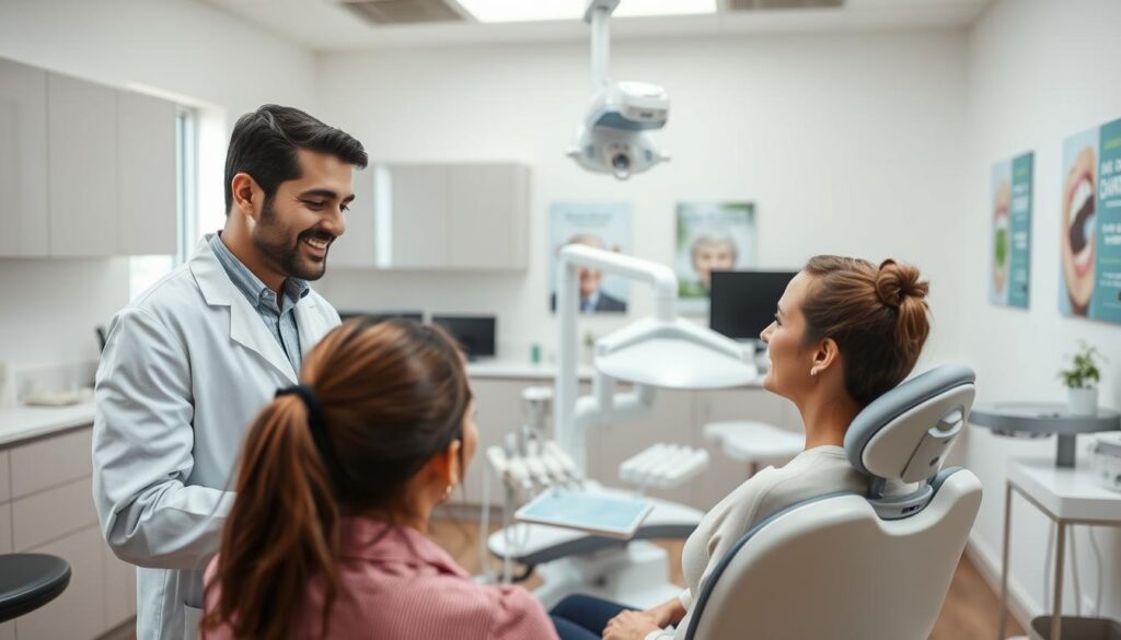 A modern dental clinic room showcasing advanced dental implant technology. In the foreground, a professional-looking dentist in a clean white coat is consulting with a patient, both engaged in a serious discussion. The dentist is explaining a dental implant procedure with a friendly smile, emphasizing professionalism and care. In the middle background, a dental chair is prominently displayed, equipped with high-tech tools and bright, focused lighting that highlights the clarity of the instruments. In the background, sleek cabinetry and posters about dental health adorn the sterile environment, reflecting a welcoming ambiance that fosters trust. Soft, natural light streams through a window, creating a warm, inviting atmosphere, suggesting a sense of hope and professionalism in dental care.