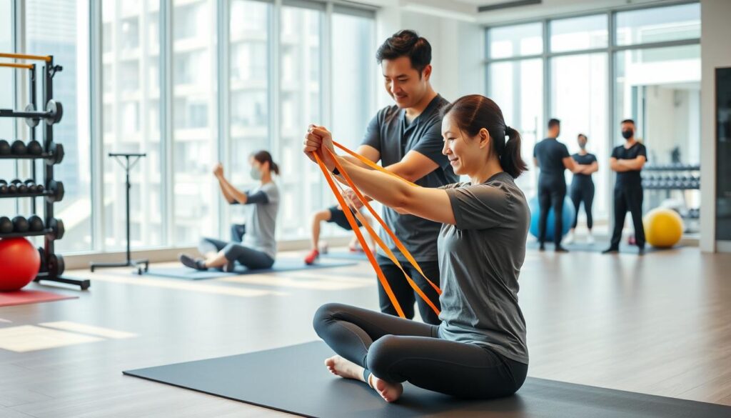 A modern physiotherapy clinic in Wan Chai, focusing on musculoskeletal therapy. In the foreground, a physiotherapist, wearing professional attire, demonstrates progressive strength loading to a patient sitting on an exercise mat, both engaged in a cooperative exercise involving resistance bands. The surroundings include exercise equipment like weights and stability balls, contributing to a dynamic rehabilitation atmosphere. In the middle ground, other patients can be seen performing various exercises under the supervision of additional staff, showcasing a vibrant and supportive environment. The background features large windows allowing natural daylight to pour in, enhancing the sense of openness and positivity. The mood is professional yet encouraging, emphasizing the importance of strength rehabilitation in a serene and focused setting. The lighting is bright and clear, captured at an angle that highlights both the therapist and patient interaction.