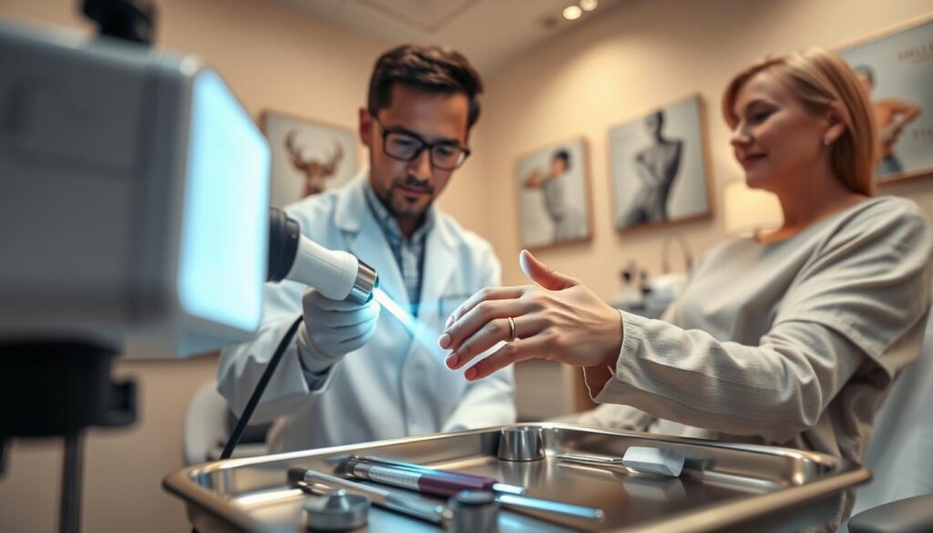 A clinical setting showcasing the laser wart removal process. In the forefront, a focused professional in a white lab coat operates a state-of-the-art laser device, directing the beam towards a patient’s hand, which is covered in a protective sleeve. The patient looks calm and reassured, wearing a modest, light-colored gown. In the middle ground, medical equipment and tools are neatly arranged on a stainless steel tray, highlighting a sterile environment. The background features soft, warm lighting to create a calming atmosphere, while the walls are adorned with health-related artwork. The angle captures an intimate yet professional perspective, emphasizing the precision and care involved in the procedure.