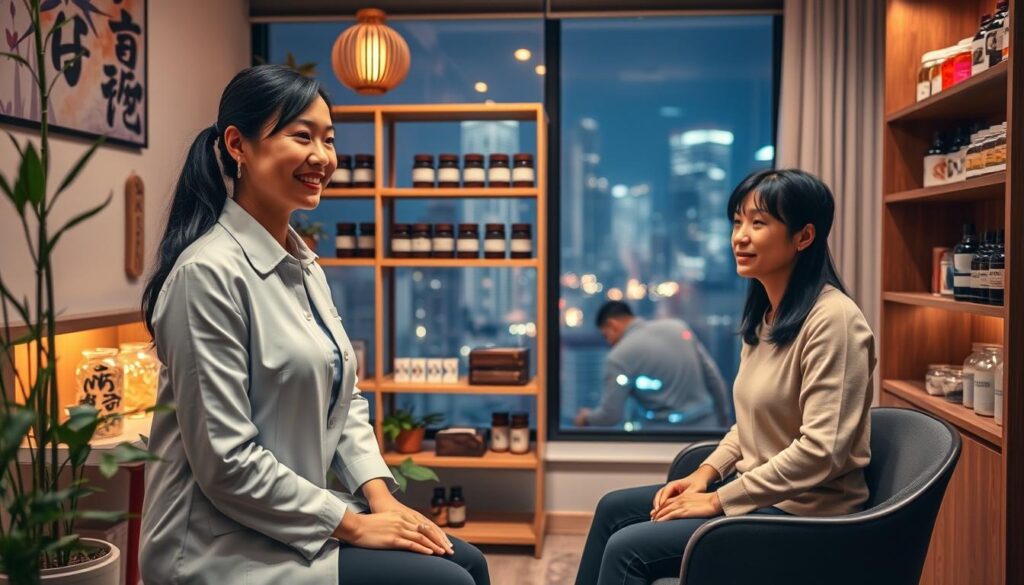 A serene and professional environment showcasing a Chinese medicine clinic focused on gynecology, illuminated by soft, warm lighting to create a calming atmosphere. In the foreground, a friendly female practitioner wearing smart casual attire offers consultation to a patient in modest clothing, seated in a cozy waiting area with traditional Chinese decor, like bamboo plants and herbal medicine displays. In the middle, shelves filled with jars of herbal remedies and acupuncture tools suggest a holistic treatment approach. The background features a tranquil night view through a window, with city lights softly glowing outside, evoking a sense of accessibility and care during night hours. The overall mood is inviting, professional, and reassuring, emphasizing the importance of accessible gynecological services in Hong Kong during night time.