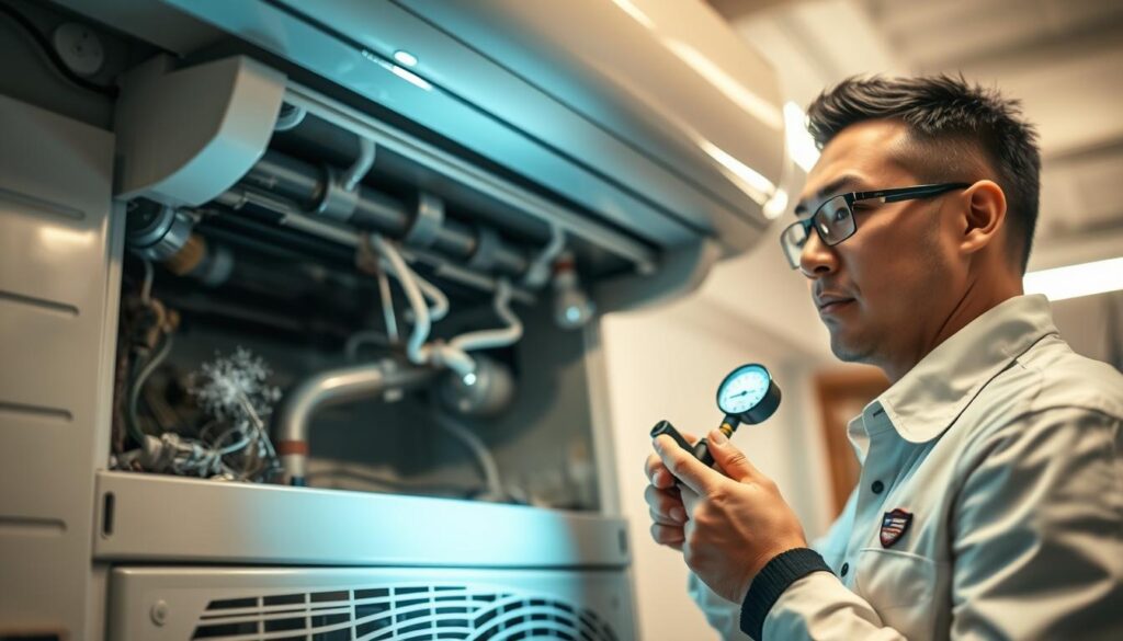 A detailed scene depicting a residential air conditioning system under maintenance, focusing on a technician inspecting for refrigerant leakages. In the foreground, the technician, dressed in a clean, professional uniform, examines the unit, using tools such as a pressure gauge and flashlight. The middle ground illustrates the air conditioning unit with visible signs of frost buildup and small, leaking refrigerant, conveying the concept of "雪種洩漏" (refrigerant leakage). In the background, a well-lit, orderly maintenance workshop can be seen, with soft fluorescent lighting casting a warm glow. The atmosphere is focused and technical, evoking a sense of professionalism and diligence in maintaining HVAC systems. The composition's perspective is slightly angled, highlighting the technician’s focused expression and the intricate details of the air conditioning components.
