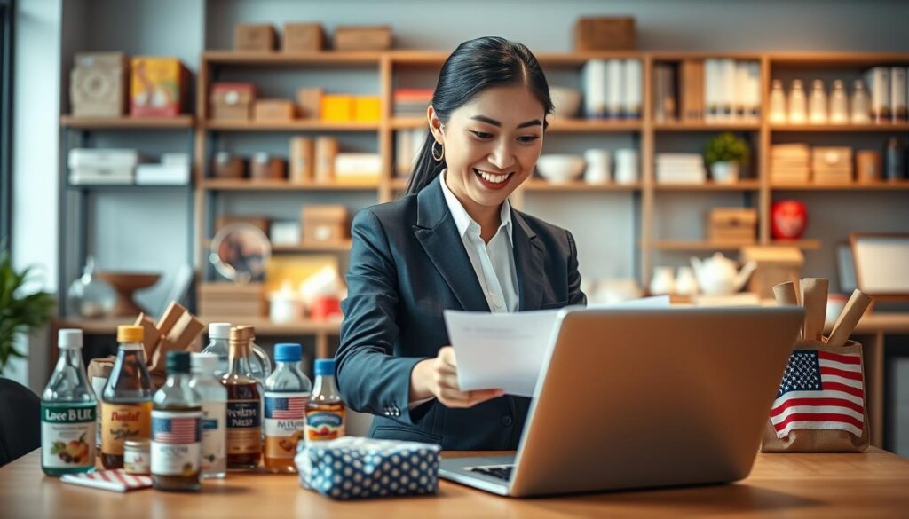 A visually engaging scene showcasing the theme of professional assurance in American purchasing services. In the foreground, depict a well-dressed professional, a smiling Asian woman in a tailored business suit, with a laptop open in front of her, analyzing product regulations. The middle ground features a table laden with various American products, beautifully arranged to showcase diversity. In the background, a softly lit office environment with shelves filled with imported goods and regulatory documents gives a sense of credibility and professionalism. Soft, warm lighting enhances the welcoming atmosphere, creating a sense of trust. Use a slightly angled perspective to provide depth and focus on the woman, emphasizing her professionalism and confidence in providing reliable services. The mood should feel reassuring and knowledgeable.