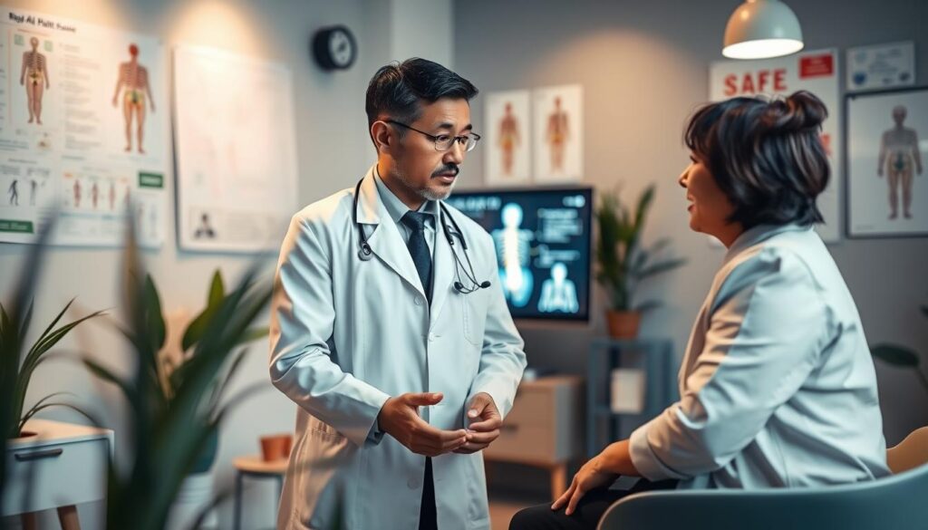 A healthcare professional, a male doctor in a white coat, attentively advising a Hong Kong patient, who is a middle-aged Asian woman, in a modern medical office setting. The doctor gestures towards a digital screen displaying spine health information, symbolizing guidance on back pain issues. The atmosphere is warm and supportive, with soft lighting illuminating the room, creating a sense of reassurance. Mid-century style medical furniture and potted plants enhance the environment. The focus is on the interaction between the doctor and the patient, with a close-up angle that captures their engaged expressions. In the background, blurred medical charts and anatomical diagrams can be seen, adding context to the scene.