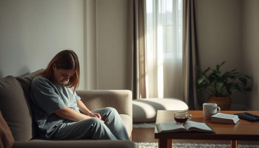 A serene yet somber indoor scene depicting subtle signs of depression. In the foreground, a person in modest casual clothing sits on a couch, head slightly bowed with a distant gaze, conveying feelings of sadness and introspection. Their body language suggests a sense of fatigue, with hands resting limply on their lap. In the middle ground, soft morning light streams through a window, casting gentle shadows that highlight the melancholic atmosphere. A few personal items on a nearby table, like an untouched cup of tea and a closed book, symbolize neglect and emotional withdrawal. The background features calm, muted colors, emphasizing the theme of emotional struggle. The overall mood is reflective and tranquil, inviting the viewer to contemplate the emotional and physical signals of depression.