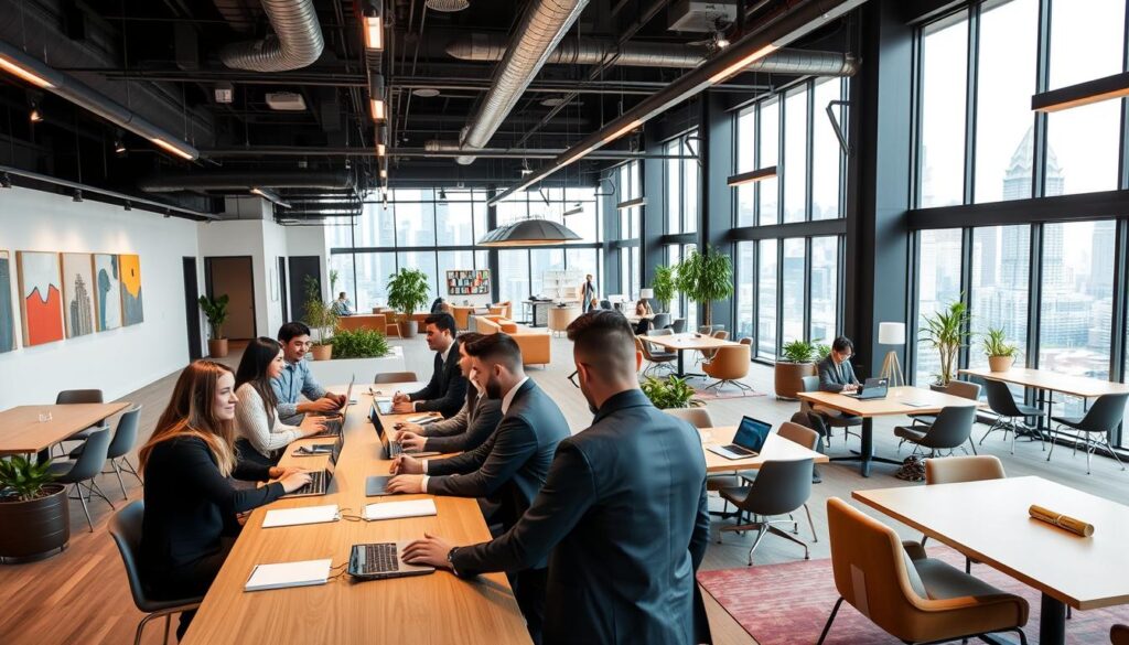 A modern co-working space in Hong Kong, showcasing a stylish and vibrant open office layout. In the foreground, a diverse group of professionals, dressed in smart business casual attire, collaborate at a long communal table, with laptops and notebooks scattered around. In the middle ground, sleek workstations are set up with greenery and contemporary design elements, including bright artwork and comfortable seating areas. The background features large windows that let in natural light, highlighting the city skyline and creating an inviting atmosphere. The image conveys a sense of innovation and teamwork, with a clean and organized aesthetic, captured using a wide-angle lens to emphasize the spaciousness and connectivity of the workspace.