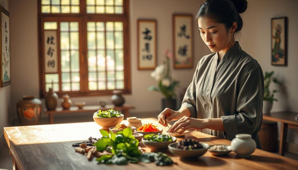 A serene and harmonious scene depicting a traditional Chinese medicine setting focused on uterine health. In the foreground, a female practitioner in modest, professional attire is preparing herbal remedies, showcasing various colorful herbs and natural ingredients arranged on a wooden table. The mid-ground features a calm, softly lit space with traditional Chinese decorations, including delicate paintings of nature and symbols of fertility. The background reveals a picturesque window view of a tranquil garden with blooming flowers, embodying a sense of wellness and vitality. The lighting is warm and inviting, creating a peaceful atmosphere that reflects the nurturing aspect of preparing the uterine environment for conception. The overall mood is one of hope, care, and natural healing.